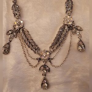 Intricate Necklace w Silver Leaves & Chains, And Rhinestone Flowers & Drops